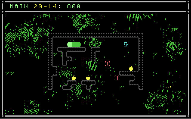 A GDSnake level on the Commodore 64: a walled chamber in a green jungle, with the snake and the items to collect.