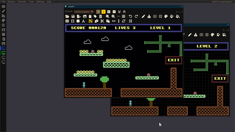 Two screen editor windows in GDTools-gfx, showing level 1 and level 2 of a platform game built from characters.