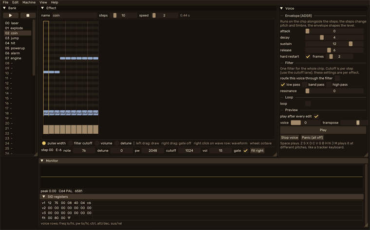The GDTools-sfx window: a bank of named effects on the left, the step grid of the effect being edited in the middle, and the envelope and filter settings on the right.